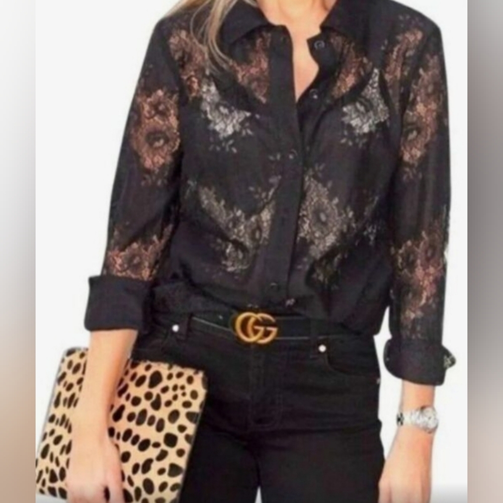 CAbi Black Sheer Lace Button-Up Blouse